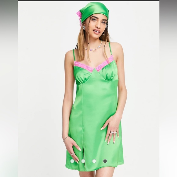 ASOS Y2K COLLUSION satin slip dress & headscarf with lace trim in green - Picture 2 of 4